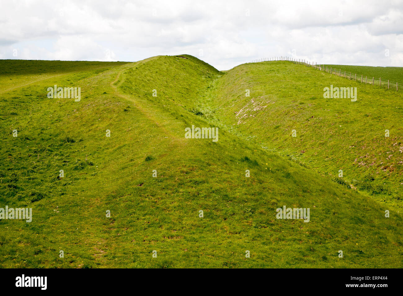Ditch and embankment of the Wansdyke a Saxon defensive structure on All Cannings chalk downs, Tan Hill, Wiltshire, England Stock Photo