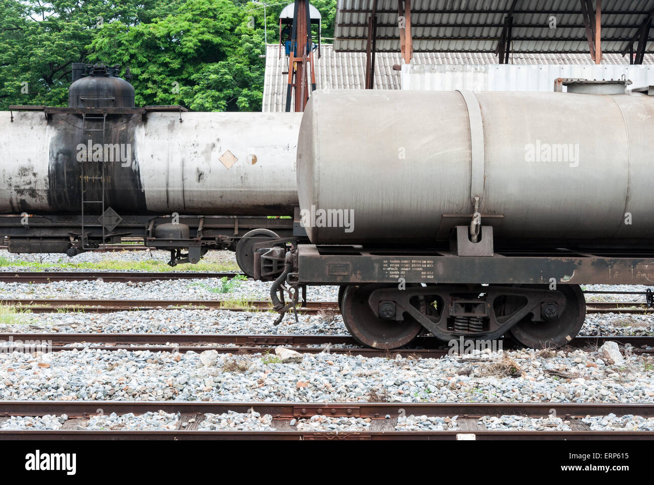 Double oil tank in the railway yard of station Stock Photo Alamy