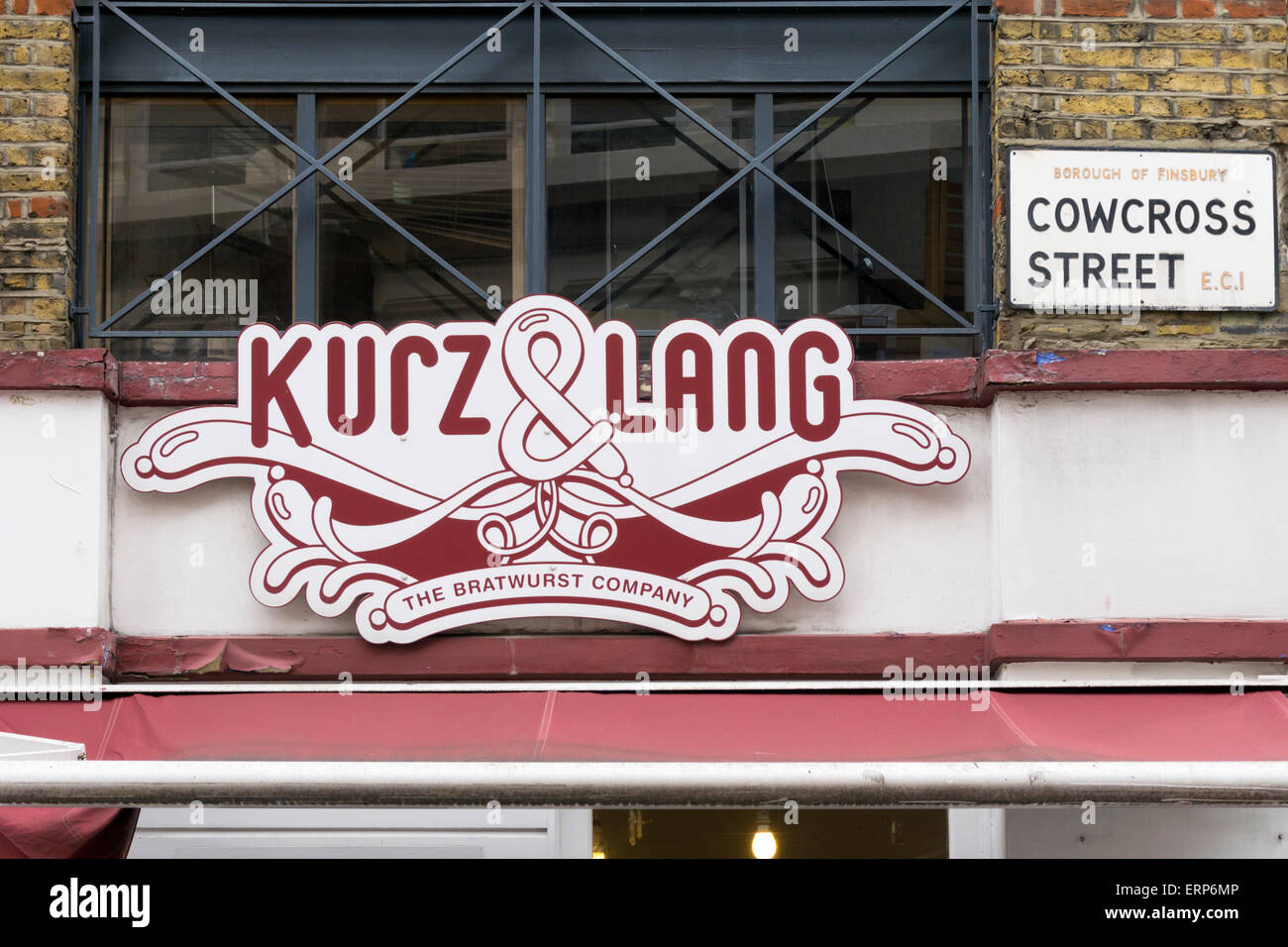 A sign for Kurz & Lang The Bratwurst Company in Cowcross Street, London. Stock Photo