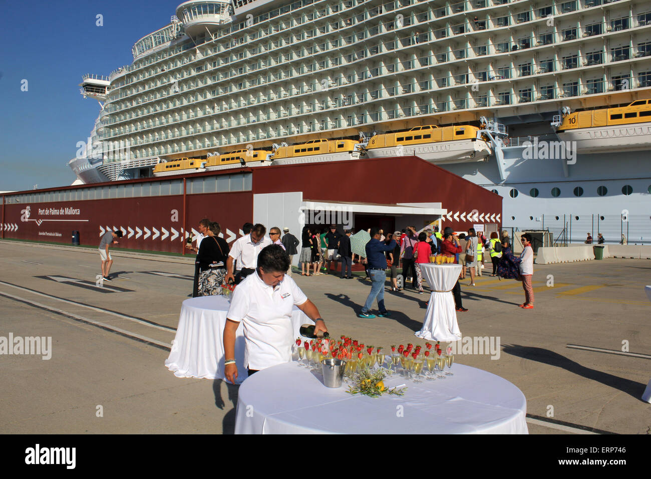 Welcome to Mallorca - strawberries + champagne - Mega Cruise ship “ALLURE OF THE SEAS” (360 mtrs long, launched 2010, Stock Photo