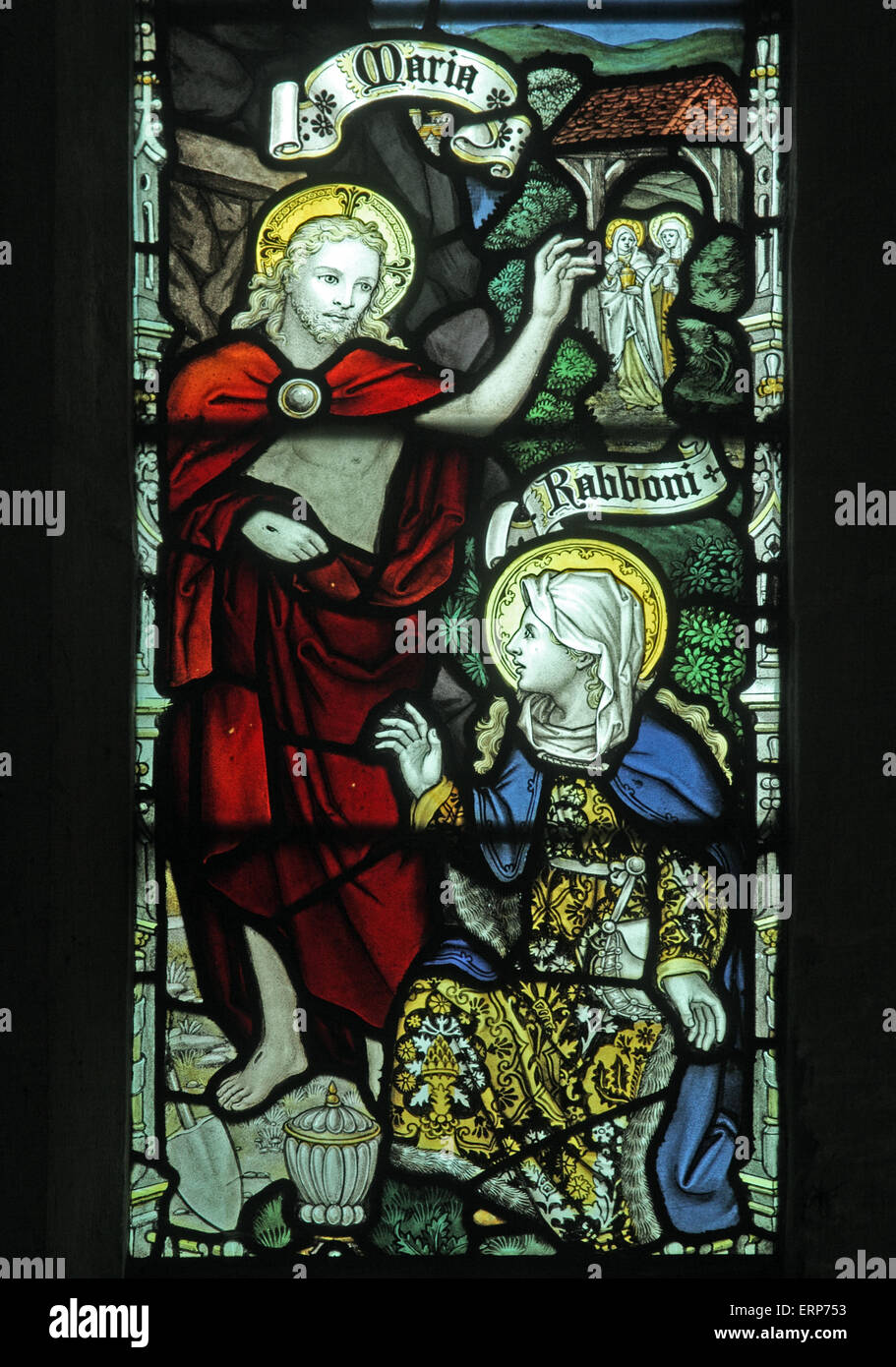 Stained glass window by the Kempe Studios 1918; The Appearance of Jesus to Mary Magdalene, Blatherwycke Church, Northamptonshire. Artist John Lisle Stock Photo