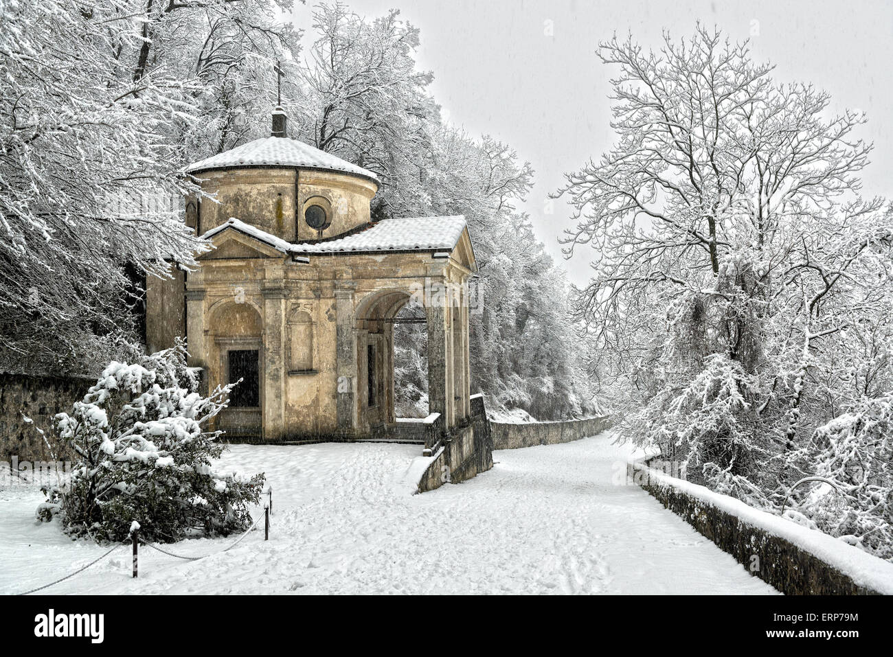 The Chapel on the Sacred Way in an snowy afternoon, Varese Stock Photo