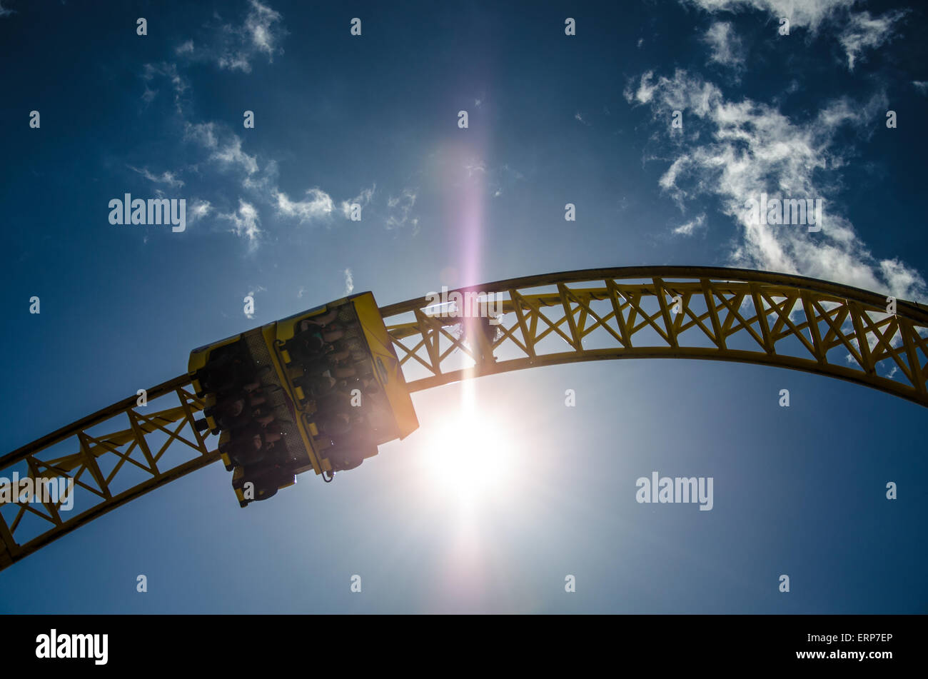 Riders upside down with sunburst. Adventure Island Rage rollercoaster ...