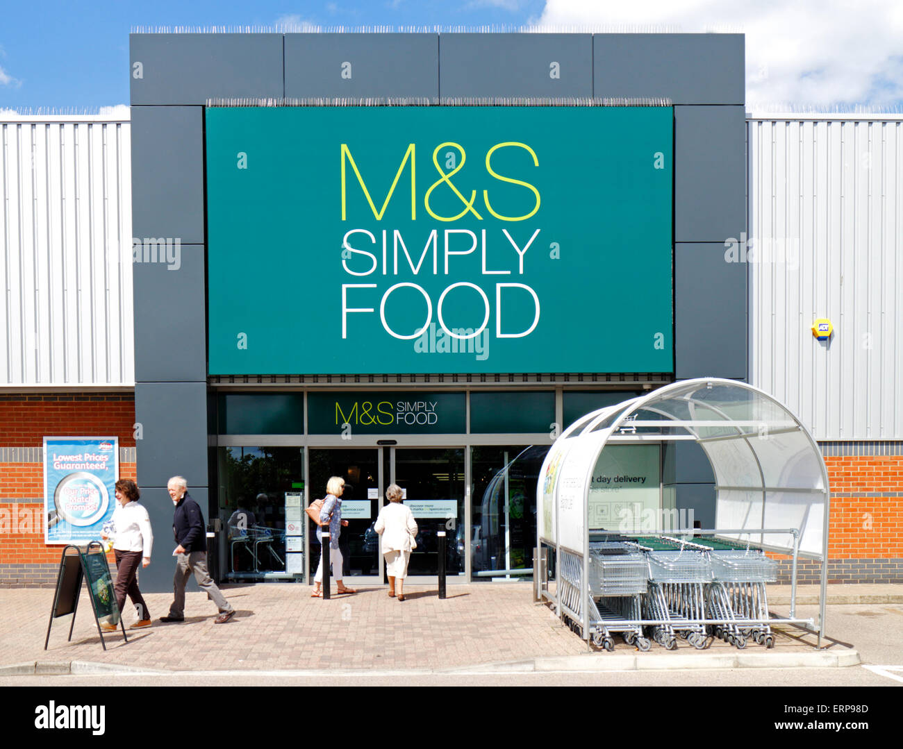 A view of the entrance to the M&S food hall at Sweet Briar Retail Park, Norwich, Norfolk, England, United Kingdom. Stock Photo