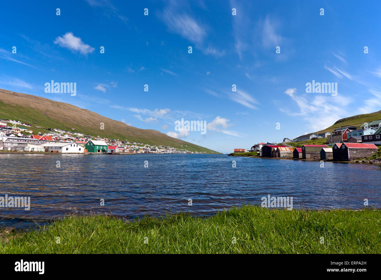 Vagur, Faroe Islands . Small village overlooking a fjord Stock Photo