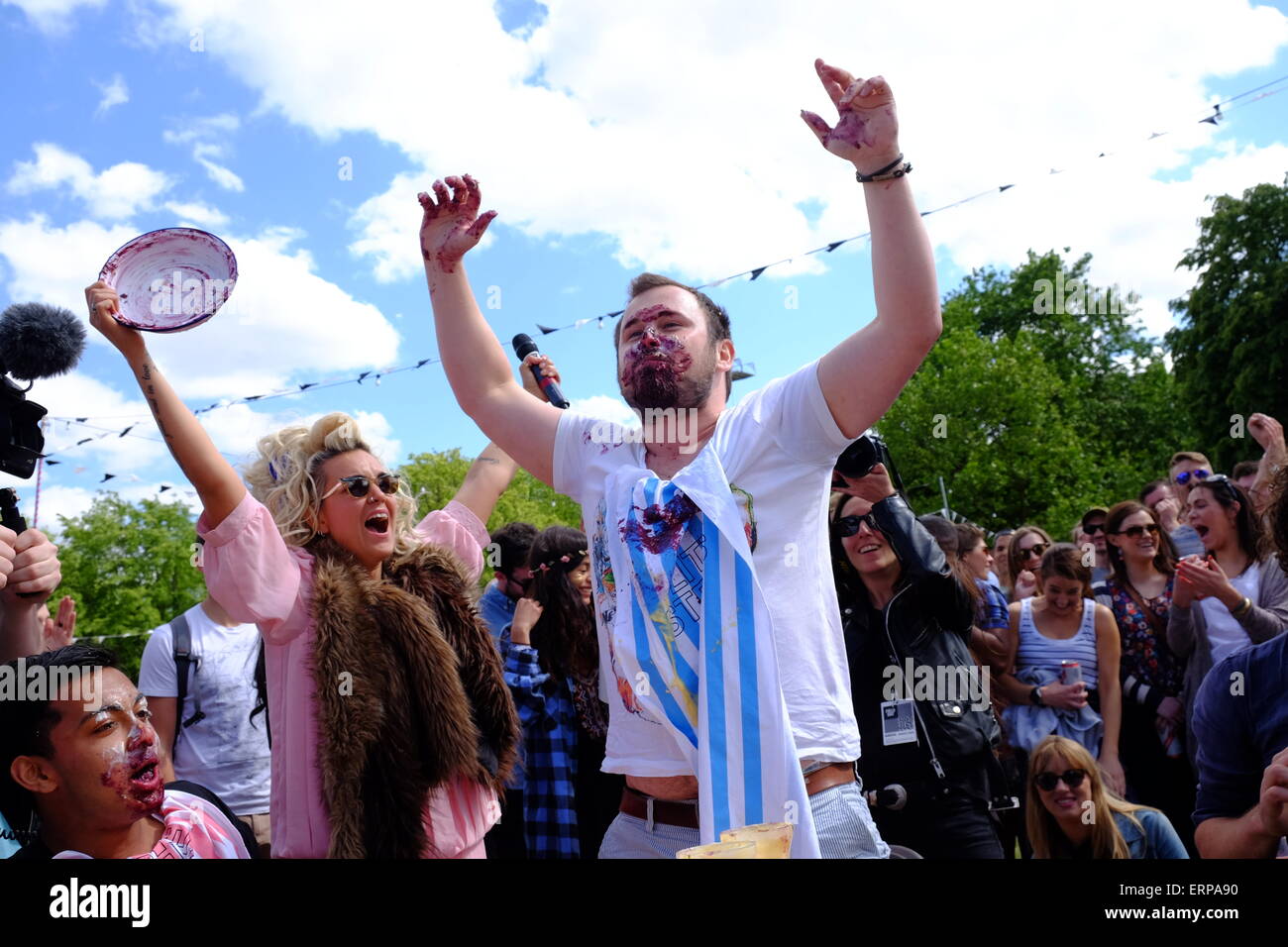 London, UK. 06th June, 2015. Pie Eating Contest at Field day festival