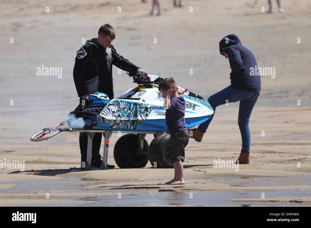 Fistral Beach, Newquay, Cornwall, UK. 6th June, 2015. Professional jetski riders compete at the IFWA World Tour Jet Ski Championship at Newquay's Fistral Bay. Day two of the Rippin H2O event saw impressive tricks from freeriders. The three day event end on June 7th 2015. Credit:  Nicholas Burningham/Alamy Live News Stock Photo