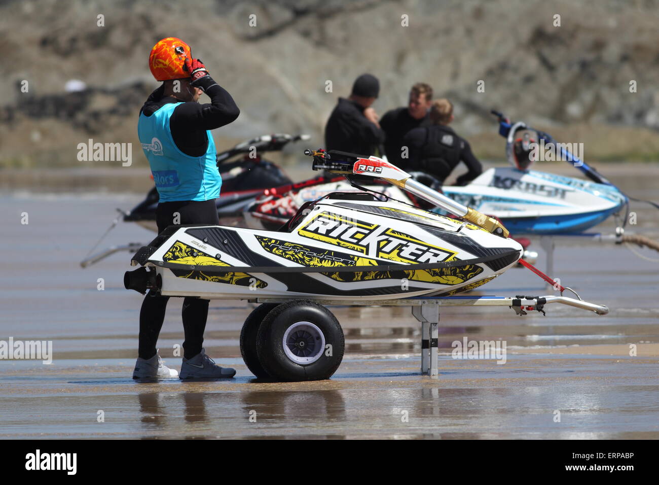 Fistral Beach, Newquay, Cornwall, UK. 6th June, 2015. Professional jestski riders compete at the IFWA World Tour Jet Ski Championship at Newquay's Fistral Bay. Day two of the Rippin H2O event saw impressive tricks from freeriders. The three day event end on June 7th 2015. Credit:  Nicholas Burningham/Alamy Live News Stock Photo