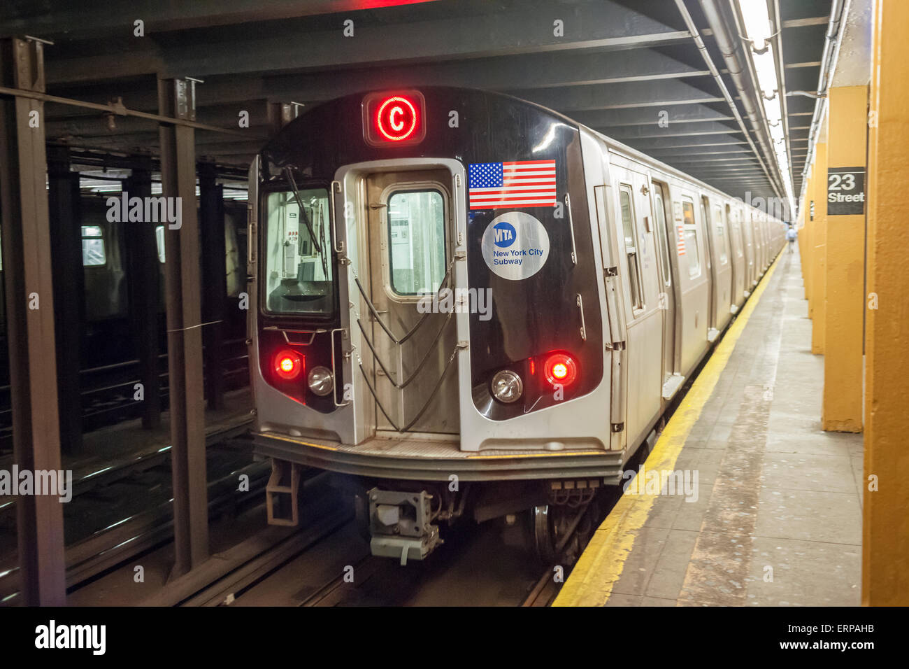 A spanking brand new R132 subway car departs the West 23rd Street station on the C line in New York on Friday, June 5, 2015. The new cars are replacing the 40 year old R32 cars whose air conditioning cannot keep up with hot air from trains' ventilation.  The older cars are the oldest rolling stock in the system. (© Richard B. Levine) Stock Photo