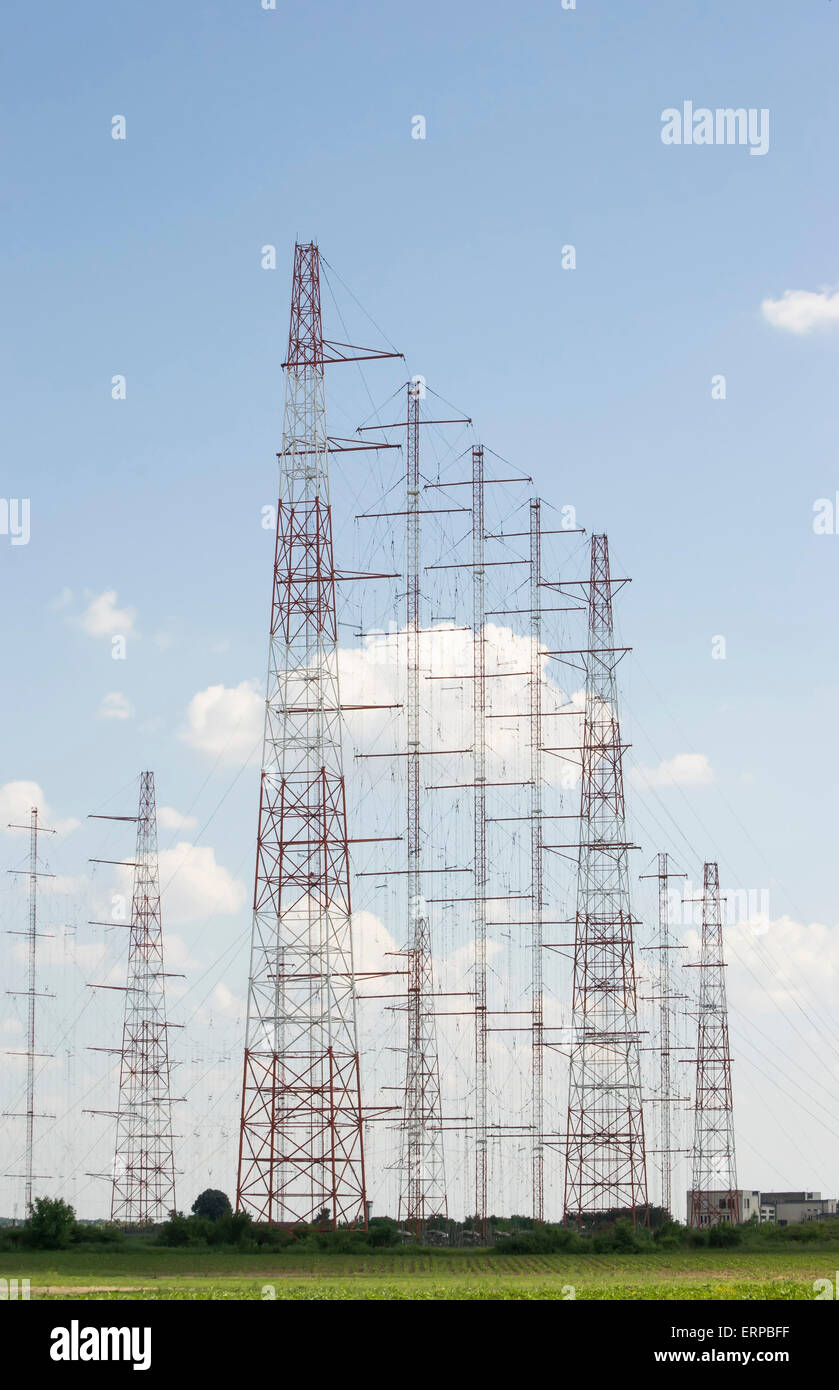 Radio transmission array of antennas for long range radio communications Stock Photo