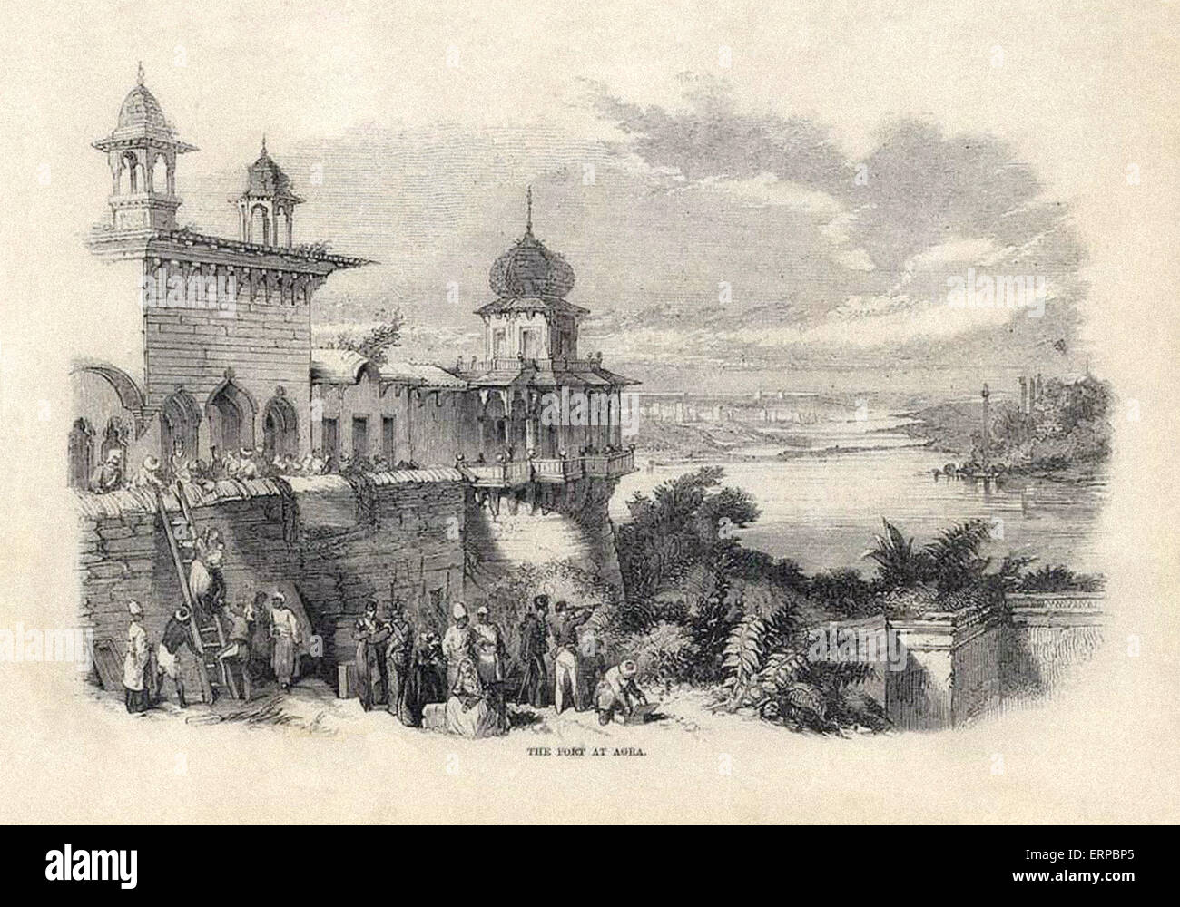 'The Fort at Agra' illustration showing British civilians fleeing from the rebels, Illustrated London News, 1857. Stock Photo