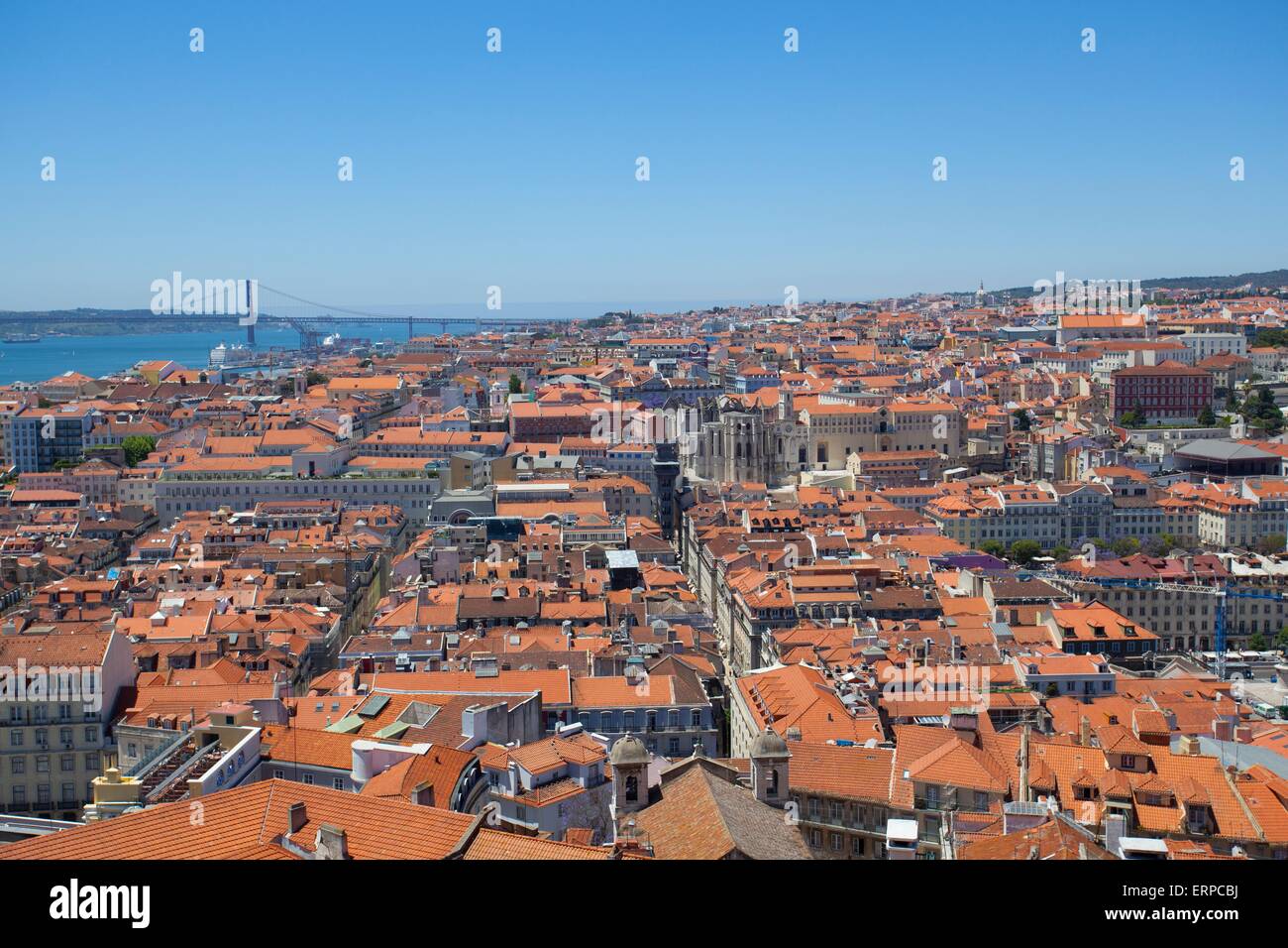 A view over the red rooftops of Lisbon city, the capital city of Portugal from the Castelo de Sao Jorge. Stock Photo