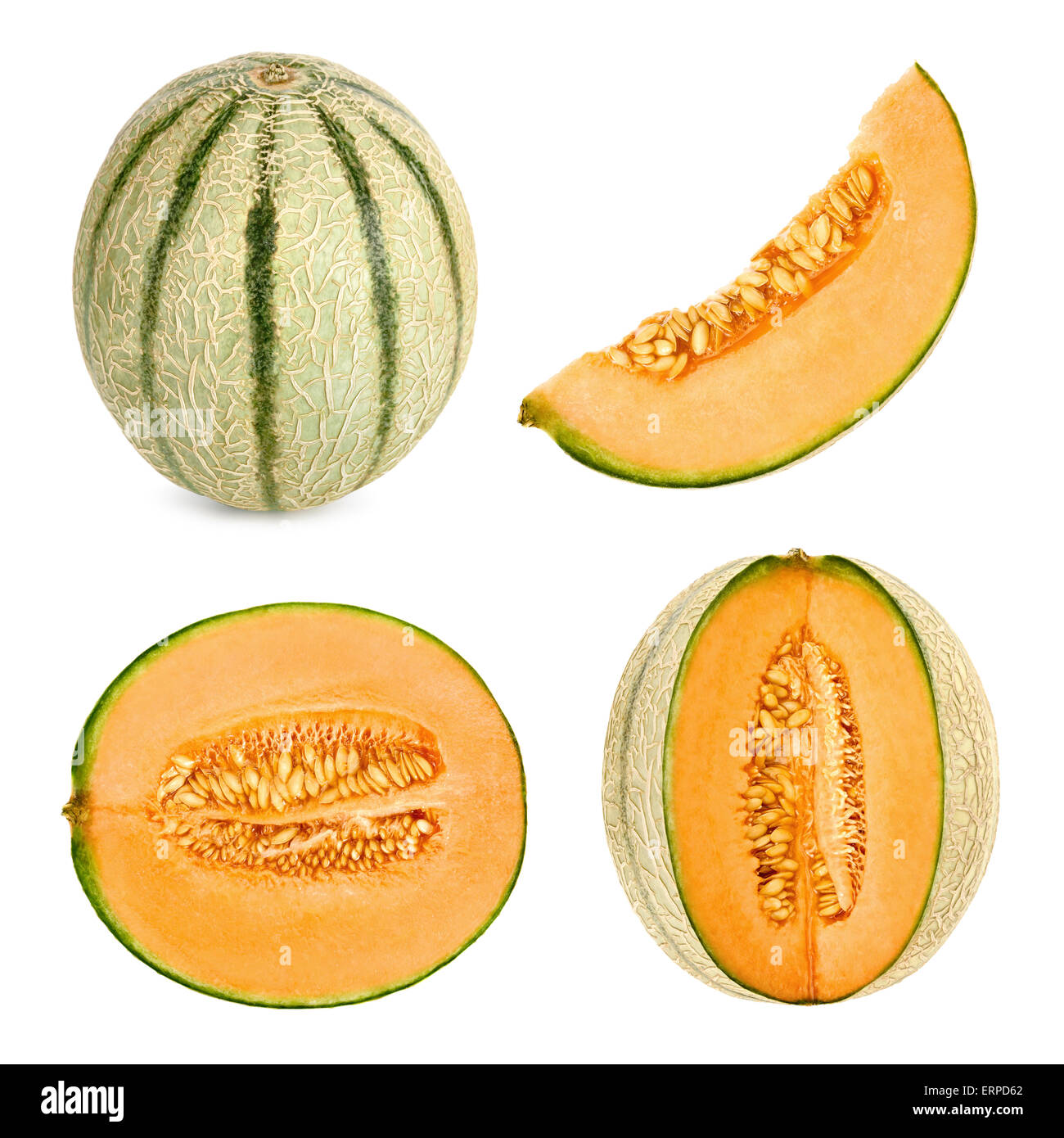 Collage set of 4 studio shots of a Cantaloupe melon, also referred to as honeydew, cut in different shapes, isolated on white ba Stock Photo