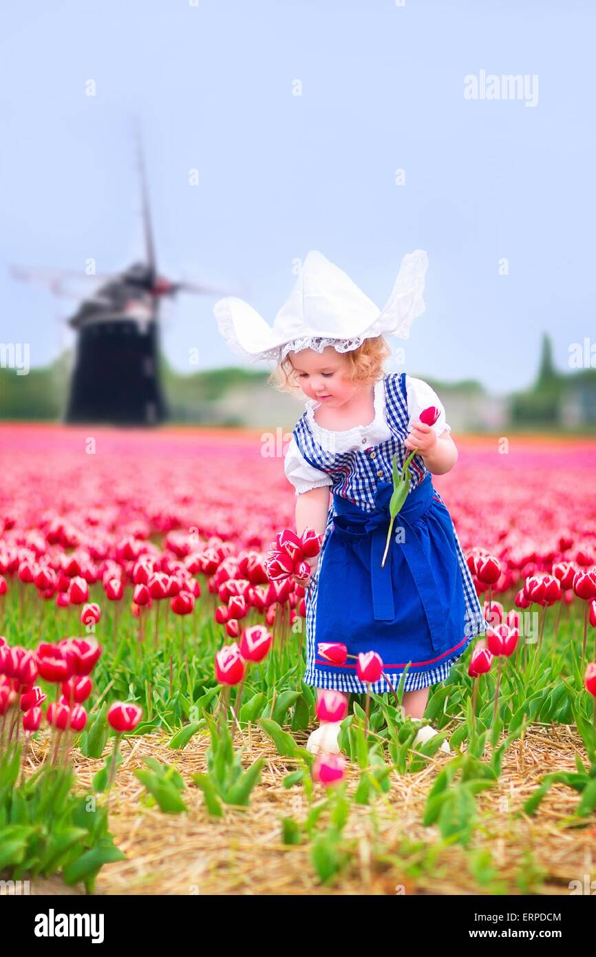 Adorable toddler girl wearing Dutch traditional national costume dress ...