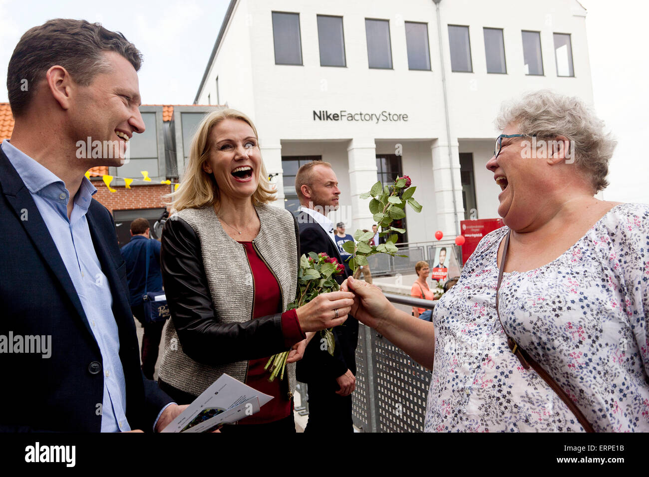 Ringsted, Denmark, June 6th, 2015: Danish PM, Helle Thorning-Schmidt (Soc.dem. read: Labor) (C), meets voters in Ringsted as part of her election campaign. Here the PM meets a voter who assured that she will vote Labor. 'I am a public worker,' she said. Also local candiate Nick Haekkerup (L) participated Credit:  OJPHOTOS/Alamy Live News Stock Photo