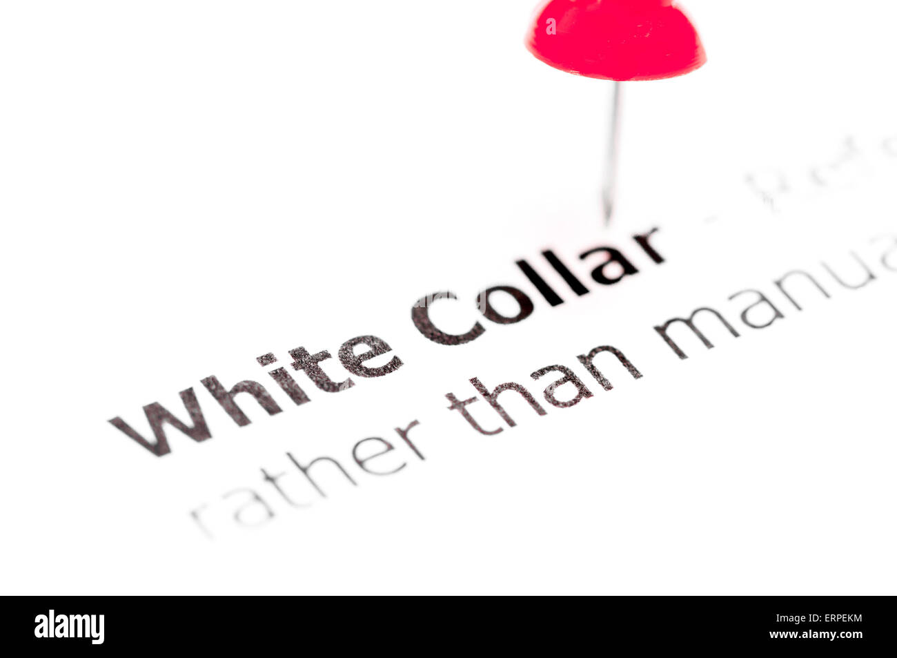 Words WHITE COLLAR pinned on white paper with red pushpin, available