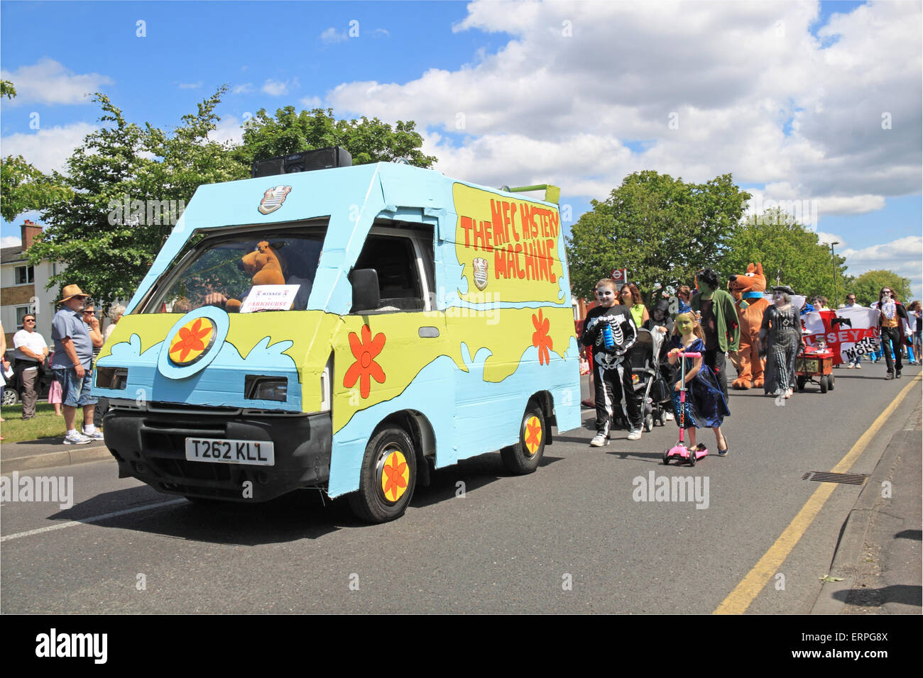 Scooby Doo Mystery Machine by Molesey Football Club, Molesey Carnival Procession. Saturday 6th June 2015. Molesey, Surrey, England, UK. Annual procession of themed floats followed by village fair always held on first Saturday of June. Stock Photo