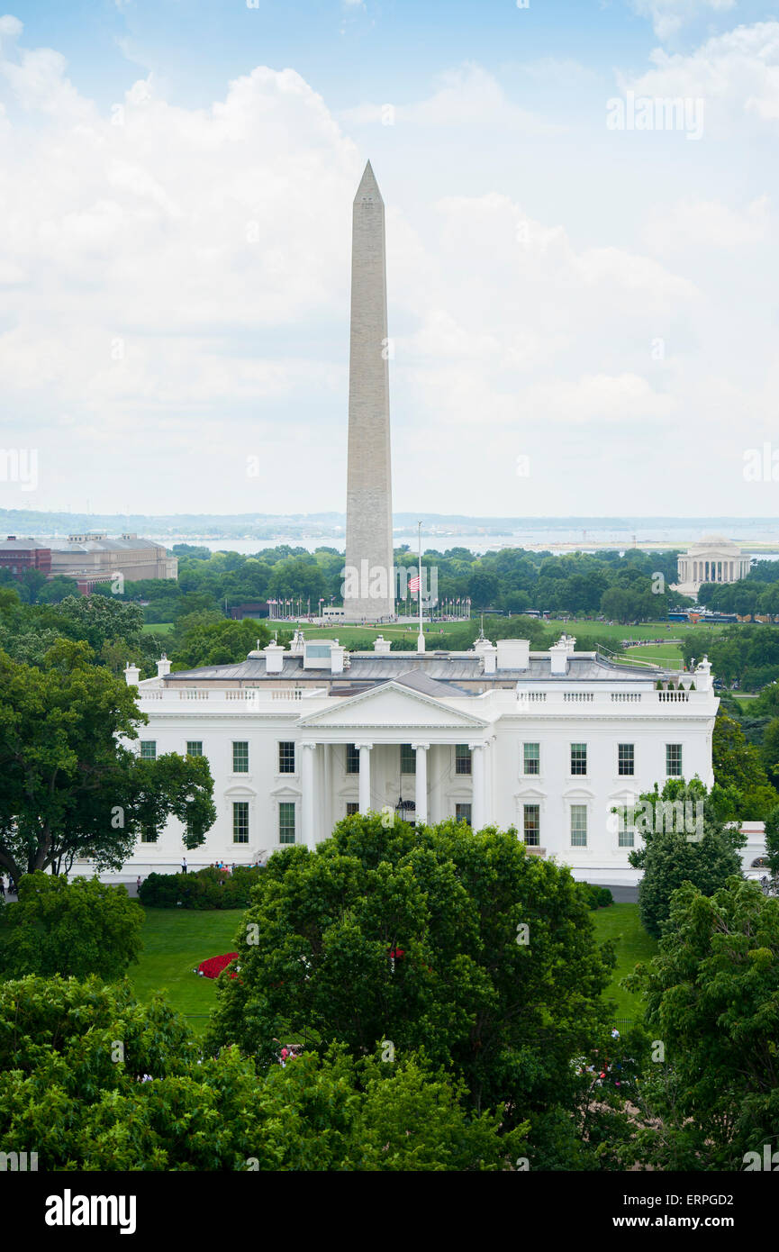 USA, Washington DC The White House home of the American president aerial view   Washington Monument and Jefferson Memorial Stock Photo