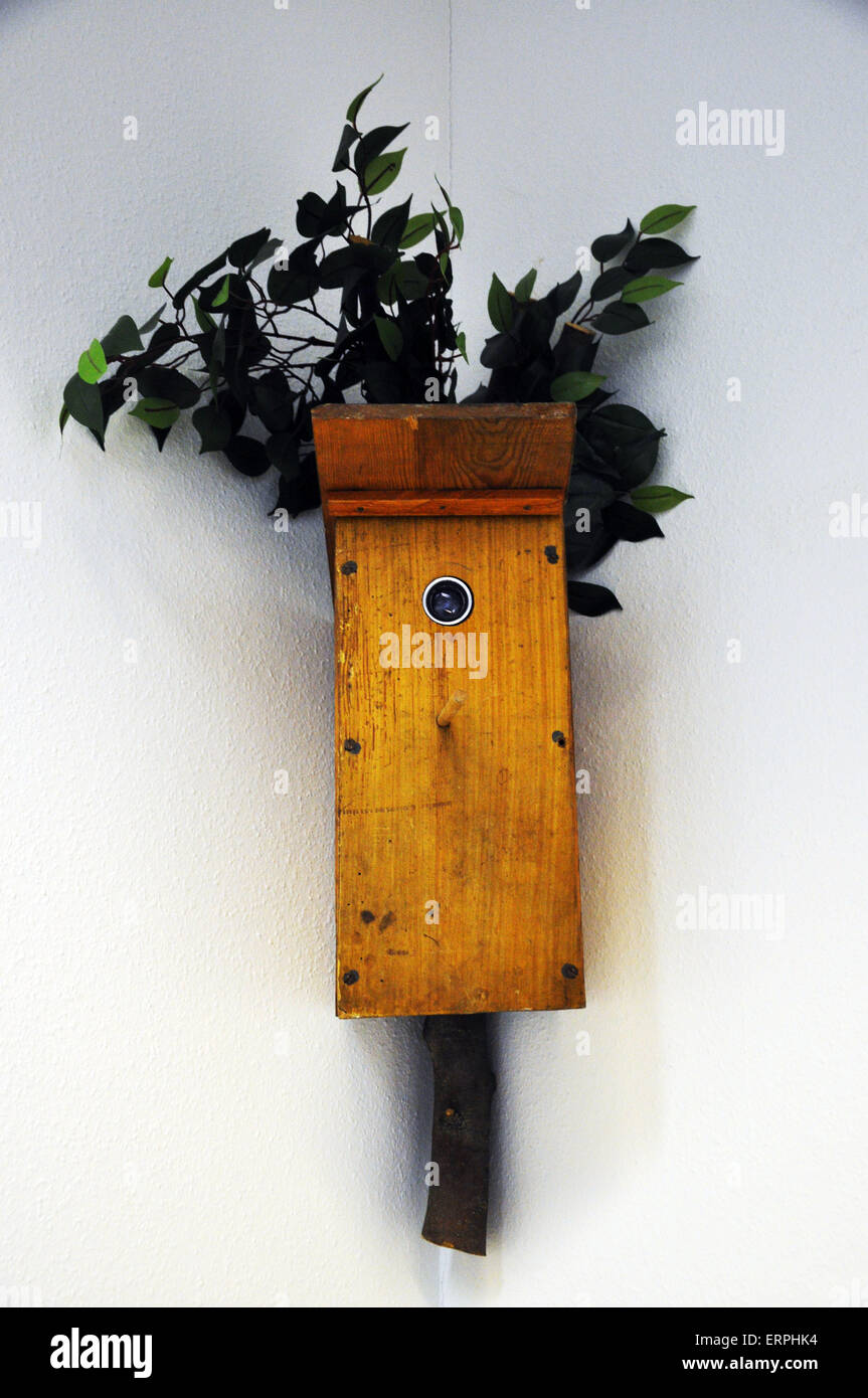 A spy camera disguised as a birdbox. An exhibit in the Stasi Museum, Berlin Stock Photo
