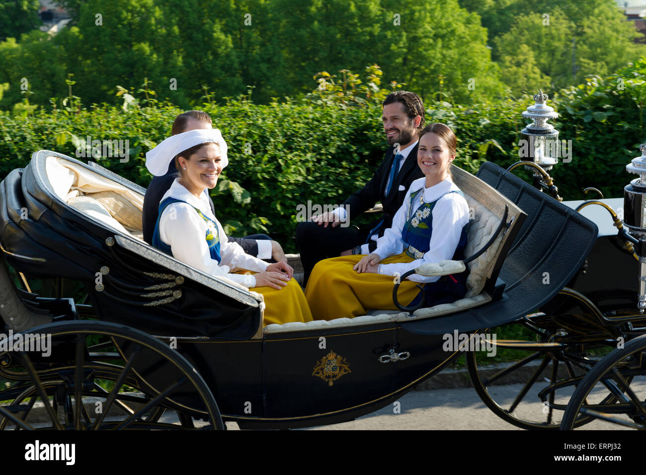 Stockholm, Sweden, 6th June, 2015. The National Day of Sweden. Festivities at Solliden stage, Stockholm, in the presence of the Royal Family. Princess Victoria, Prince Daniel, Miss Sofia Hellqvist and Prince Carl Philip arrives by carriage to Solliden. Credit: Barbro Bergfeldt Alamy Live News Stock Photo