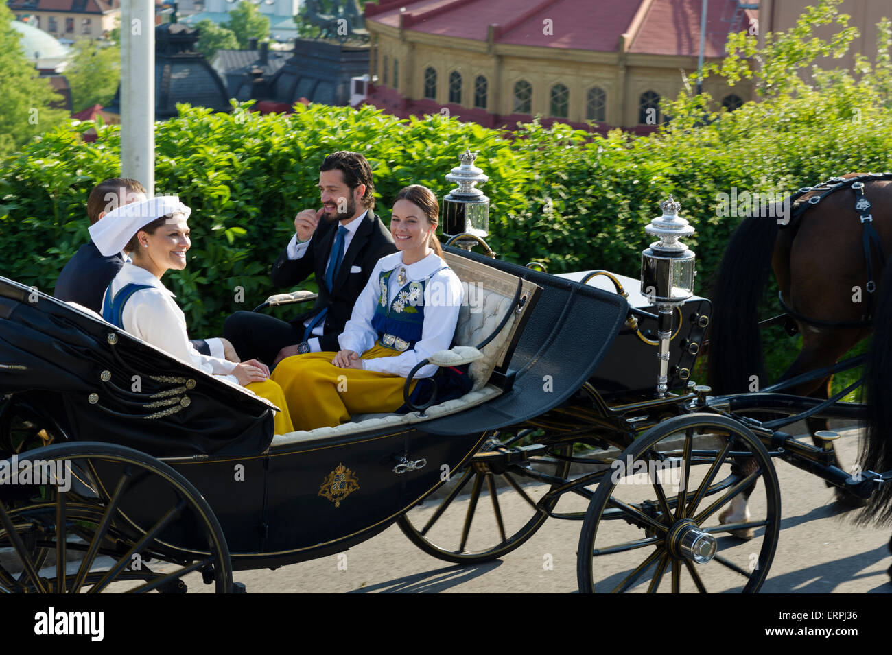 Stockholm, Sweden, 6th June, 2015. The National Day of Sweden. Festivities at Solliden stage, Stockholm, in the presence of the Royal Family. Princess Victoria, Prince Daniel, Miss Sofia Hellqvist and Prince Carl Philip arrives by carriage to Solliden. Credit: Barbro Bergfeldt Alamy Live News Stock Photo