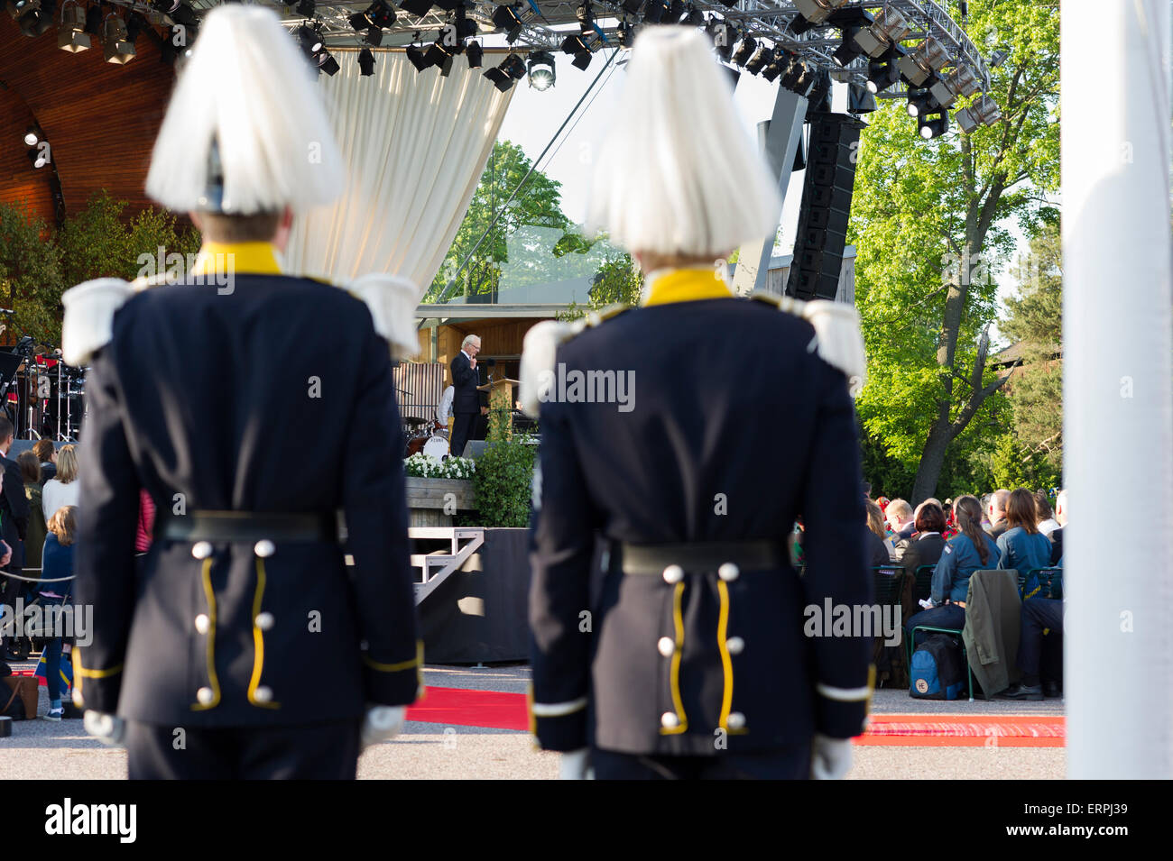 Stockholm, Sweden, 6th June, 2015. The National Day of Sweden. Festivities at Solliden stage, Stockholm, in the presence of the Royal Family.  The Kings speech on stage at Solliden. Credit: Barbro Bergfeldt Alamy Live News Stock Photo