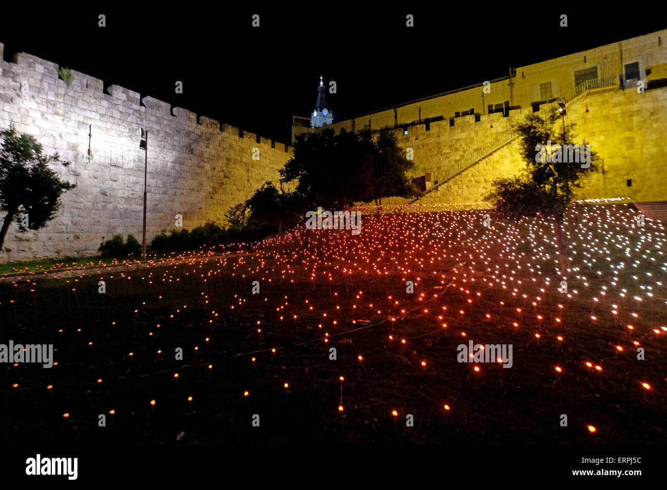 A light art installation placed in front of the walls of the Christian Quarter in the old city during the Jerusalem Festival of Light in Israel which takes place annually around the old city with special effects illuminating historical sites and displays the work of leading international artists. Stock Photo