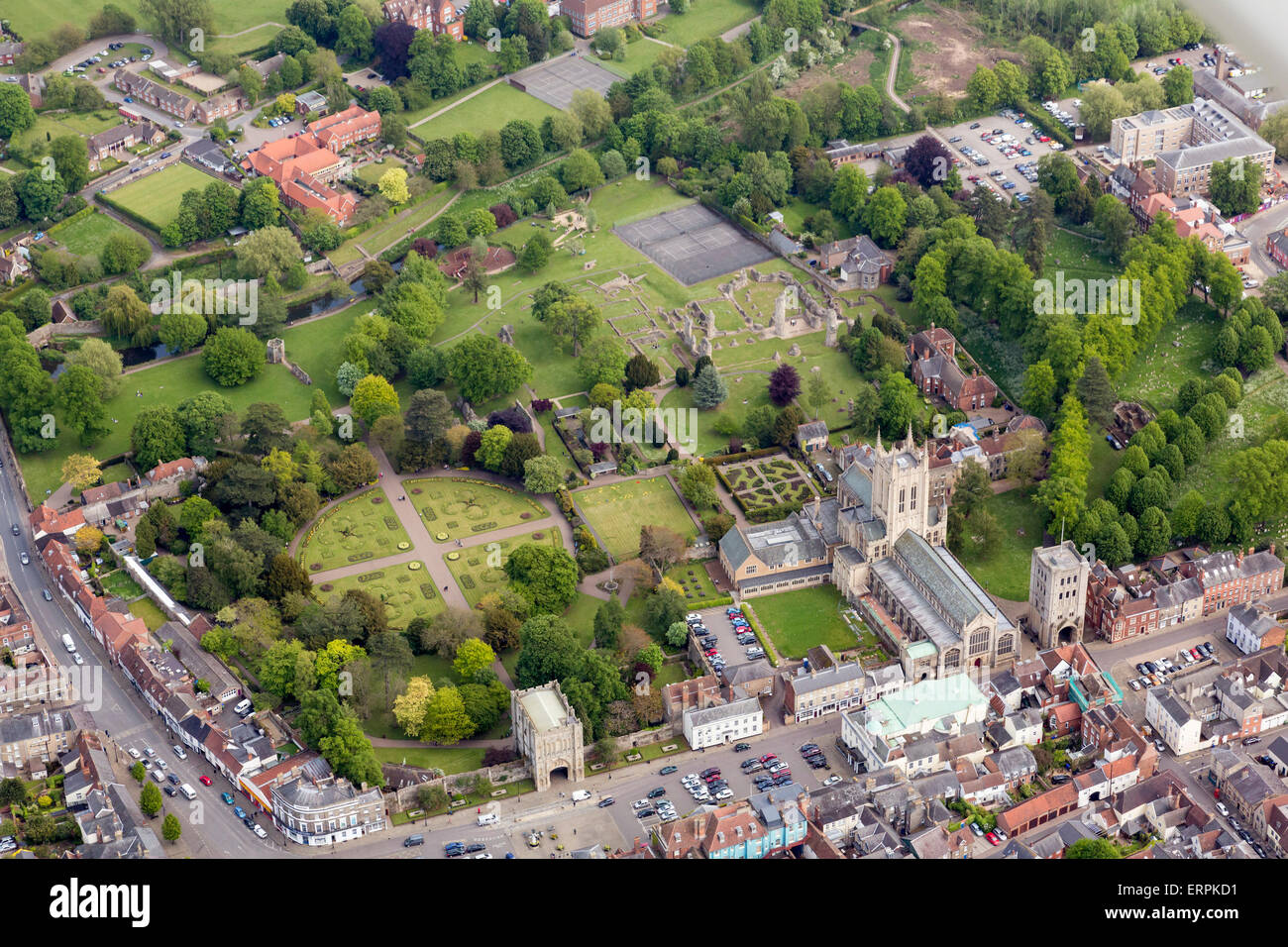 Aerial photo of Bury St Edmunds showing the Abbey Gardens Stock Photo