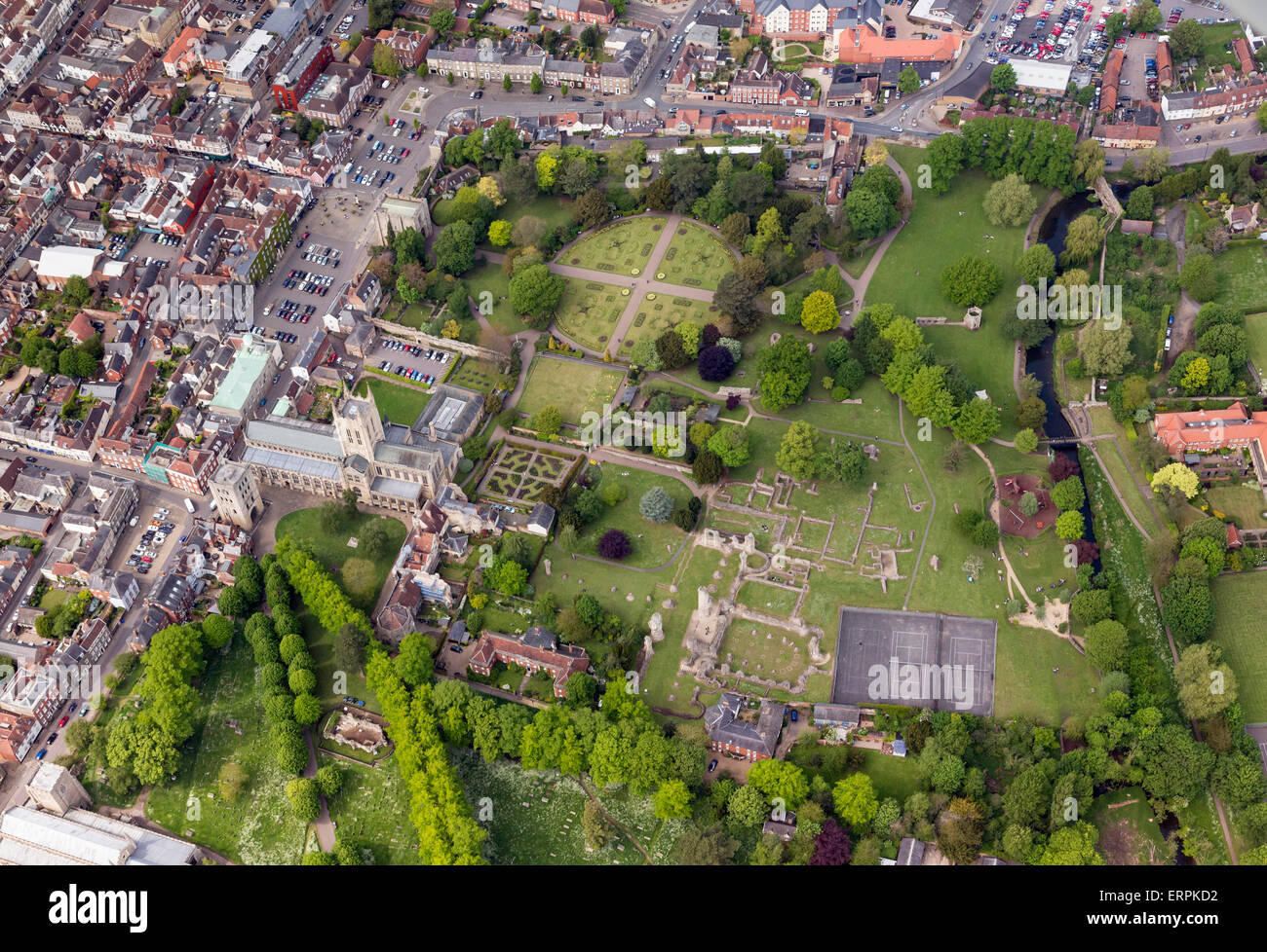 Aerial photo of Bury St Edmunds showing the Abbey Gardens Stock Photo