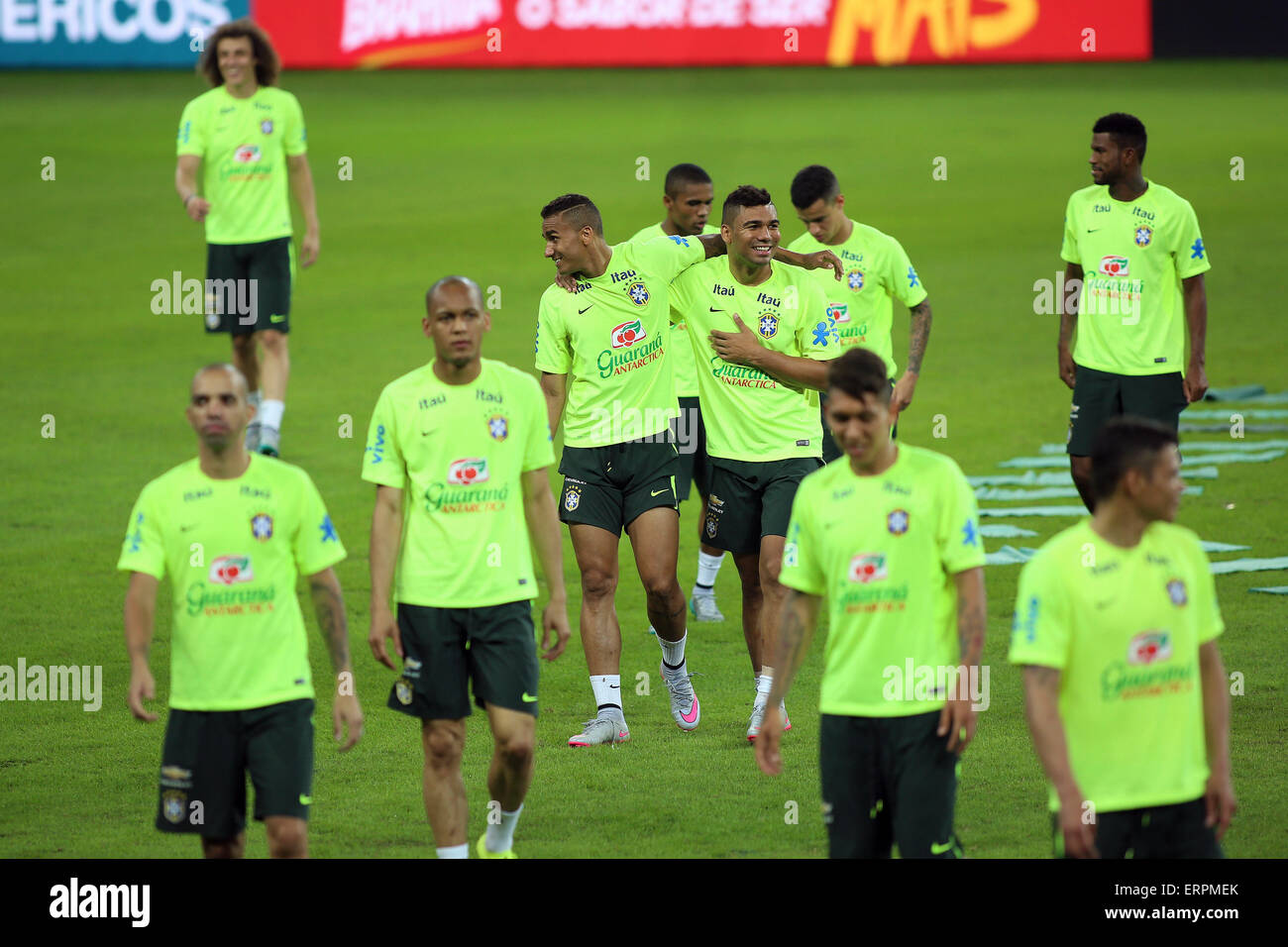 Sao Paulo, Brazil. 6th June, 2015. Players of Brazil's national soccer team take part in a training session in Sao Paulo, Brazil, on June 6, 2015. Brazil will face Mexico in a friendly match on Sunday, before their participation in the Copa America 2015 finals, to be held in Chile from June 11 to July 4. © Rahel Patrasso/Xinhua/Alamy Live News Stock Photo