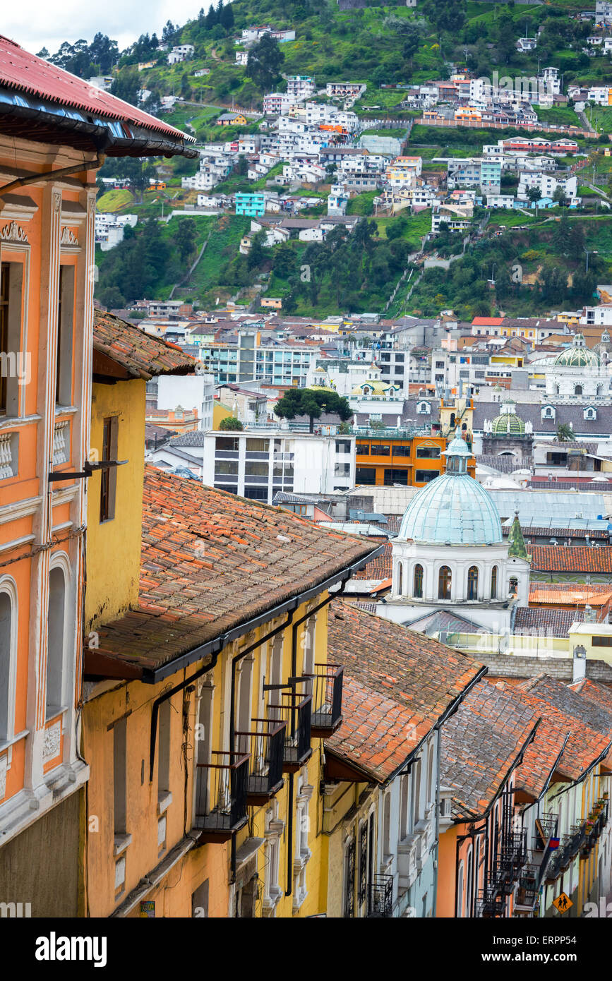 Balconies and a church dome in the historic colonial center of Quito, Ecuador Stock Photo