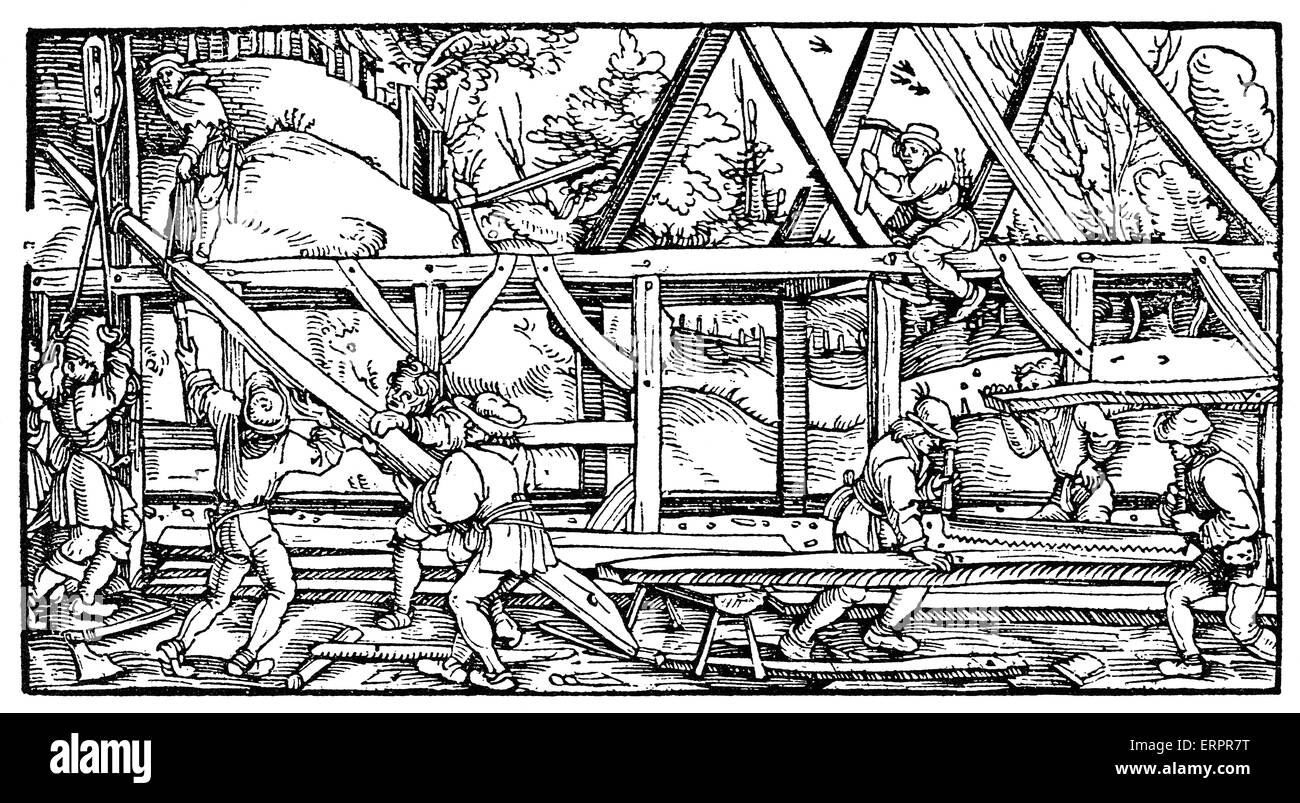 Medieval builders, historic illustration. Stock Photo