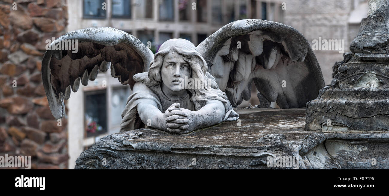 Panoramic view of beautiful graveyard sculpture depicting a leaned down winged angel praying with clasped hands Stock Photo
