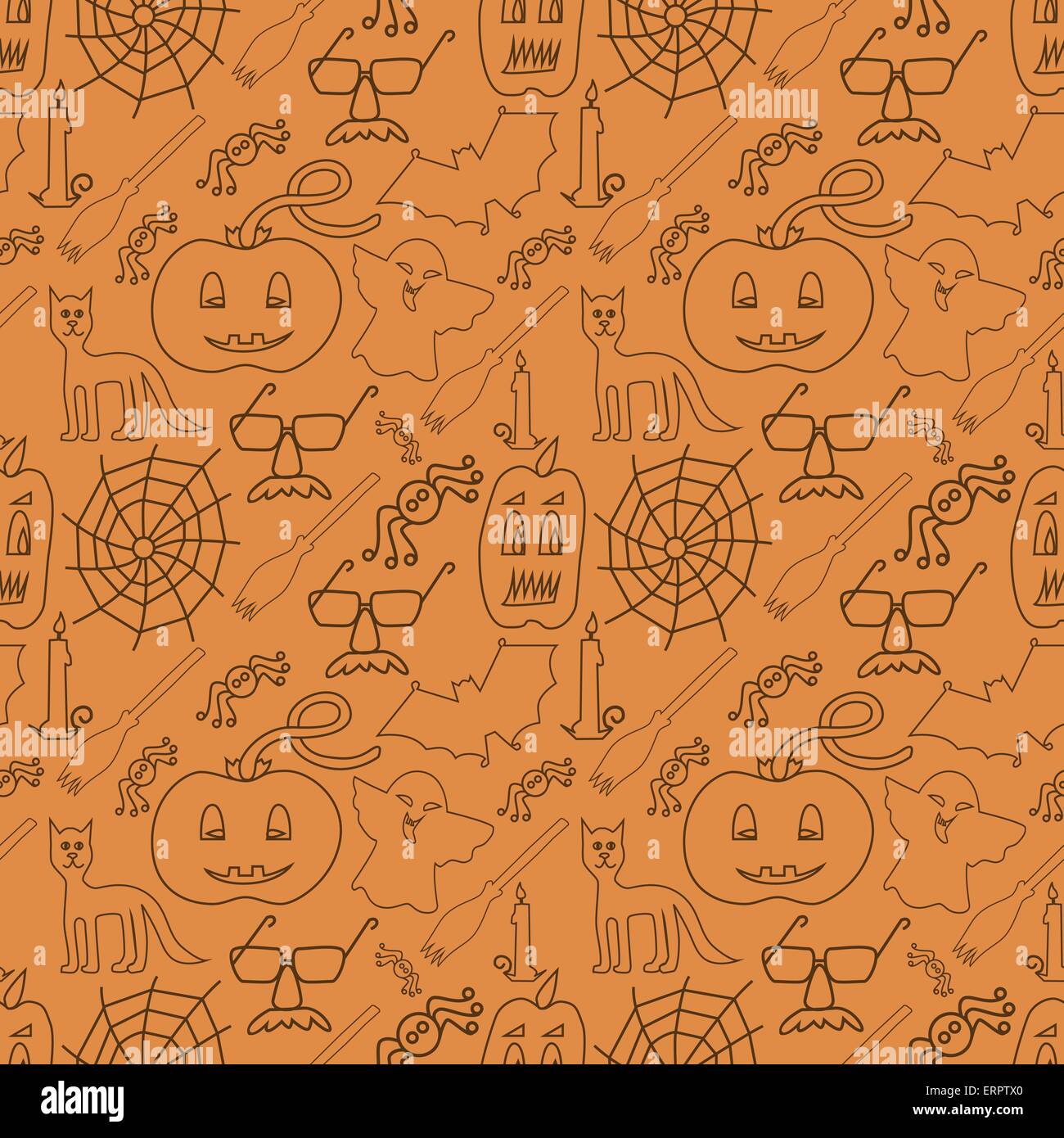 Halloween seamless pattern on orange background - Vector Illustration ...