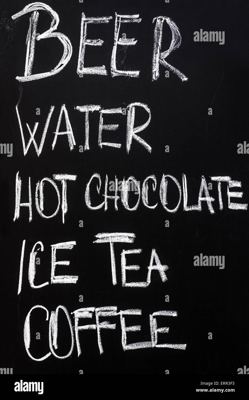 Restaurant Advertising Blackboard with Beverage Refreshment Drinks List Written in Chalk: Beer, Water, Hot Chocolate, Ice Tea, C Stock Photo