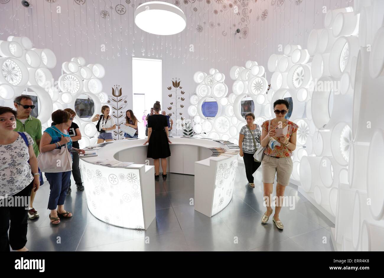 Milan, Italy. 7th June, 2015. People visit Lithuania Pavilion at Milan Expo in Milan, Italy, June 7, 2015. The exhibition runs from May 1 to October 31 with the theme of 'Feeding the Planet, Energy for Life'. Credit:  Ye Pingfan/Xinhua/Alamy Live News Stock Photo