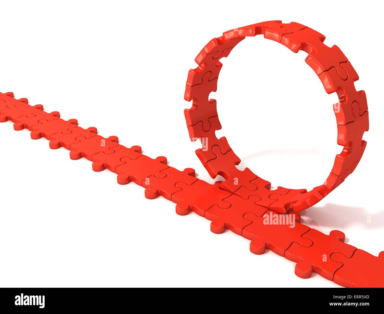 Red puzzle ring rotating over puzzle chain, isolated on white ...