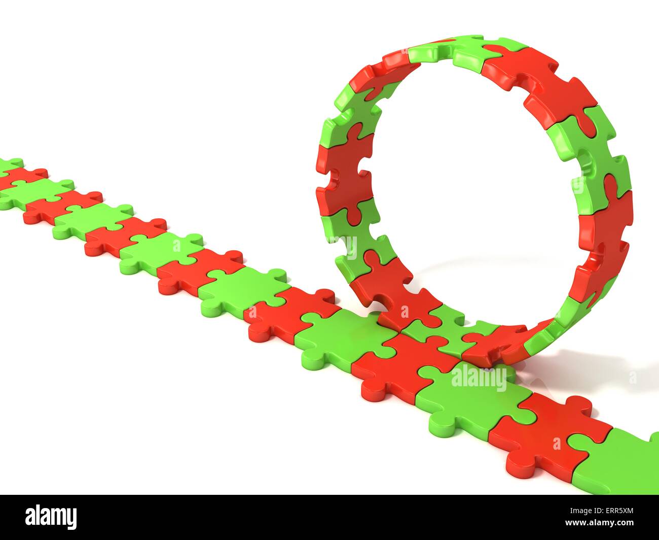 Puzzle ring rotating over puzzle chain, isolated on white background