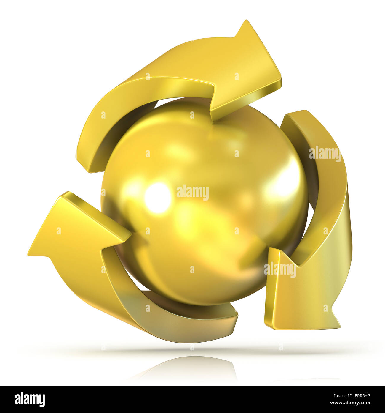 Golden recycle sign, three arrows around ball, isolated on white background Stock Photo