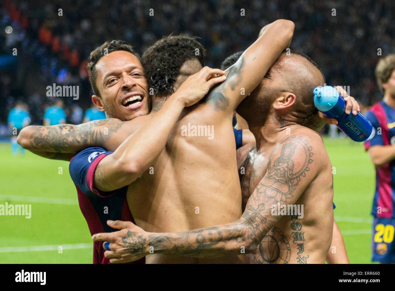 Berlin, Germany. 6th June, 2015. (L-R) Adriano, Neymar, Daniel Alves  (Barcelona) Football/Soccer : Neymar of Barcelona celebrates after scoring  their 3rd goal during the UEFA Champions League Final match between  Juventus 1-3