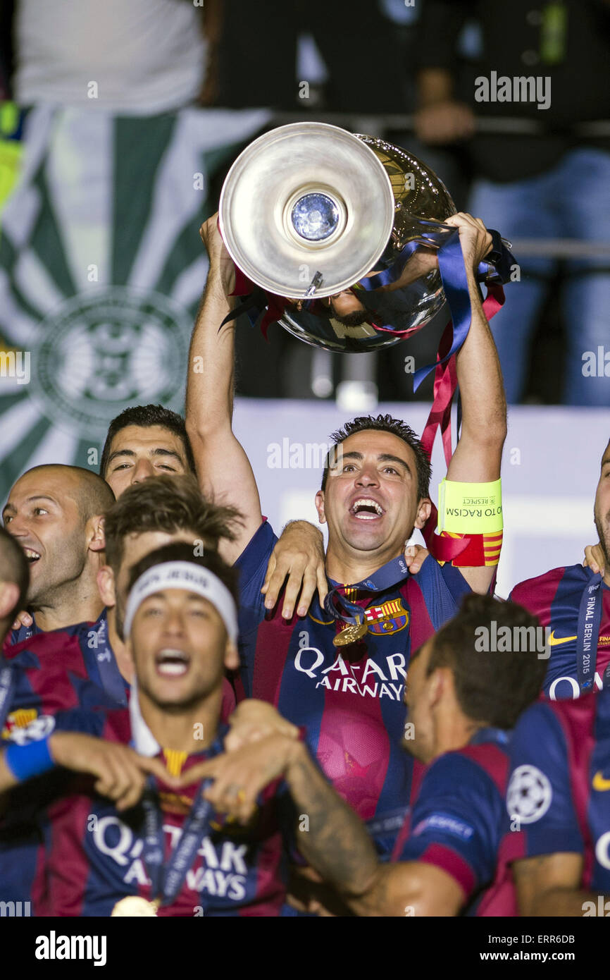Berlin, Germany. 6th June, 2015. Xavi (Barcelona) Football/Soccer : Xavi of  Barcelona celebrates with the trophy after winning the UEFA Champions  League Final match between Juventus 1-3 FC Barcelona at Olympiastadion in