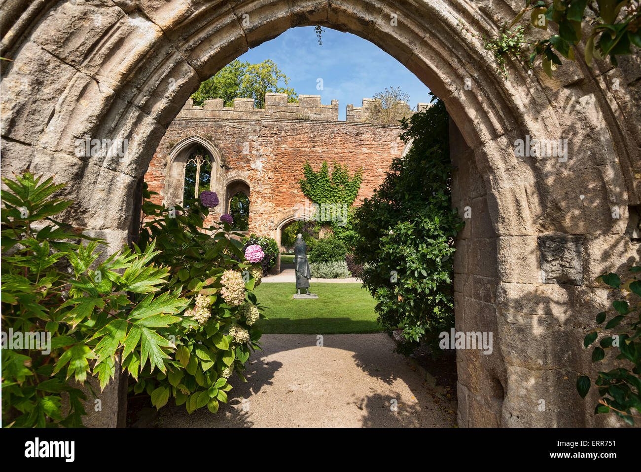 Wells Palace Gardens, statue monk pilgrim, city, Somerset