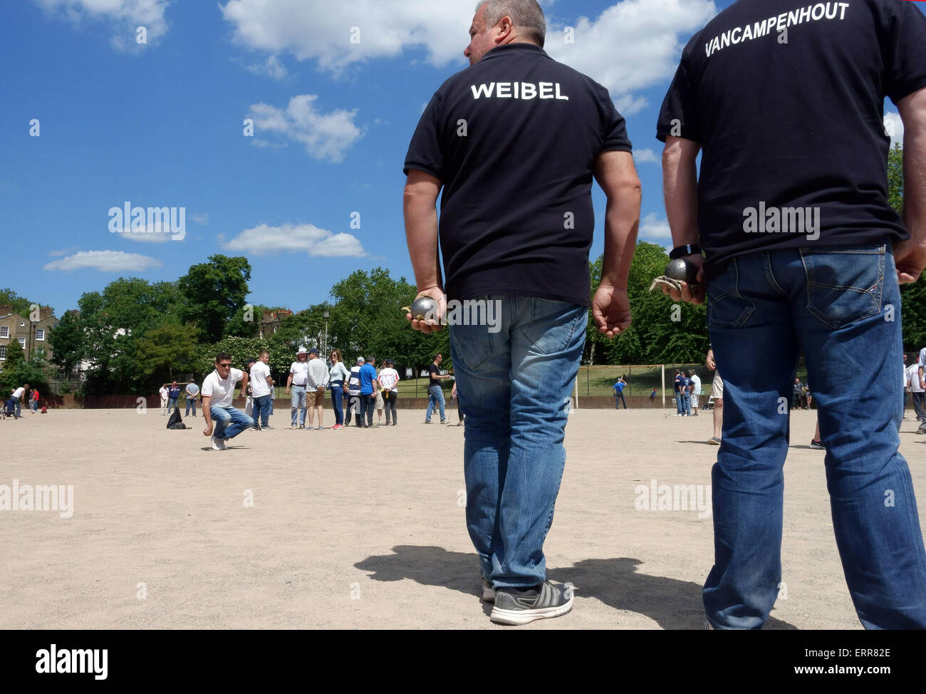 London, UK. 7th June, 2015. The Londonaise 2015 Petanque Tournament reached its final stage in Islington, London today. Teams from far and wide gathered in Barnard Park to compete for the 2,500 Euros prize. Among the players was Charles 'Claudy' Weibel from Belgium who has been World Champion in boules. Credit:  Jeffrey Blackler/Alamy Live News Stock Photo