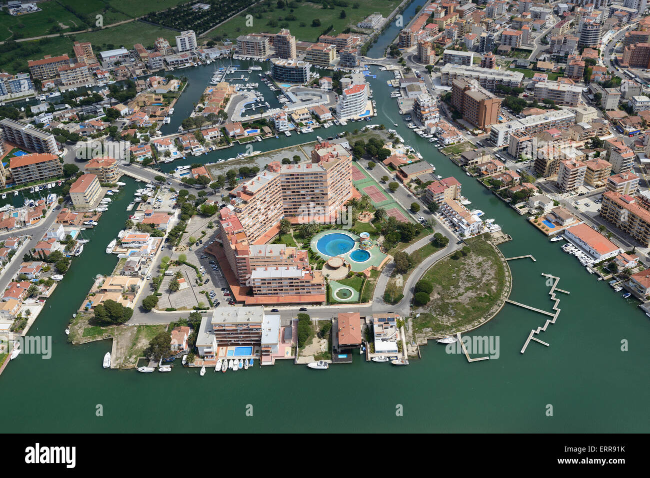 AERIAL VIEW. Residential marina. Roses, Costa Brava, Province of Girona, Catalonia, Spain. Stock Photo