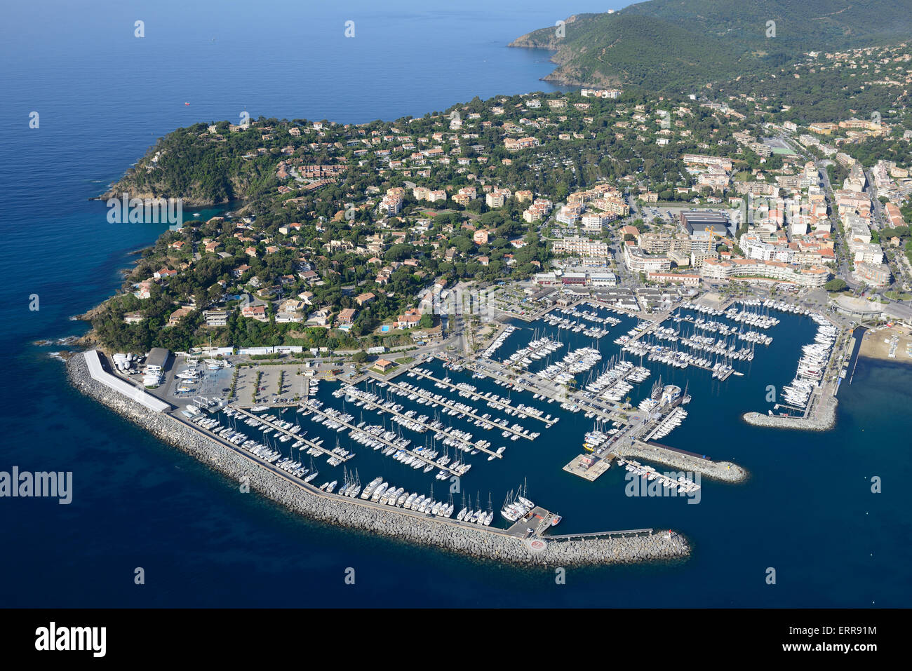 AERIAL VIEW. Marina of Cavalaire-sur-Mer. Var, French Riviera, Provence, France. Stock Photo