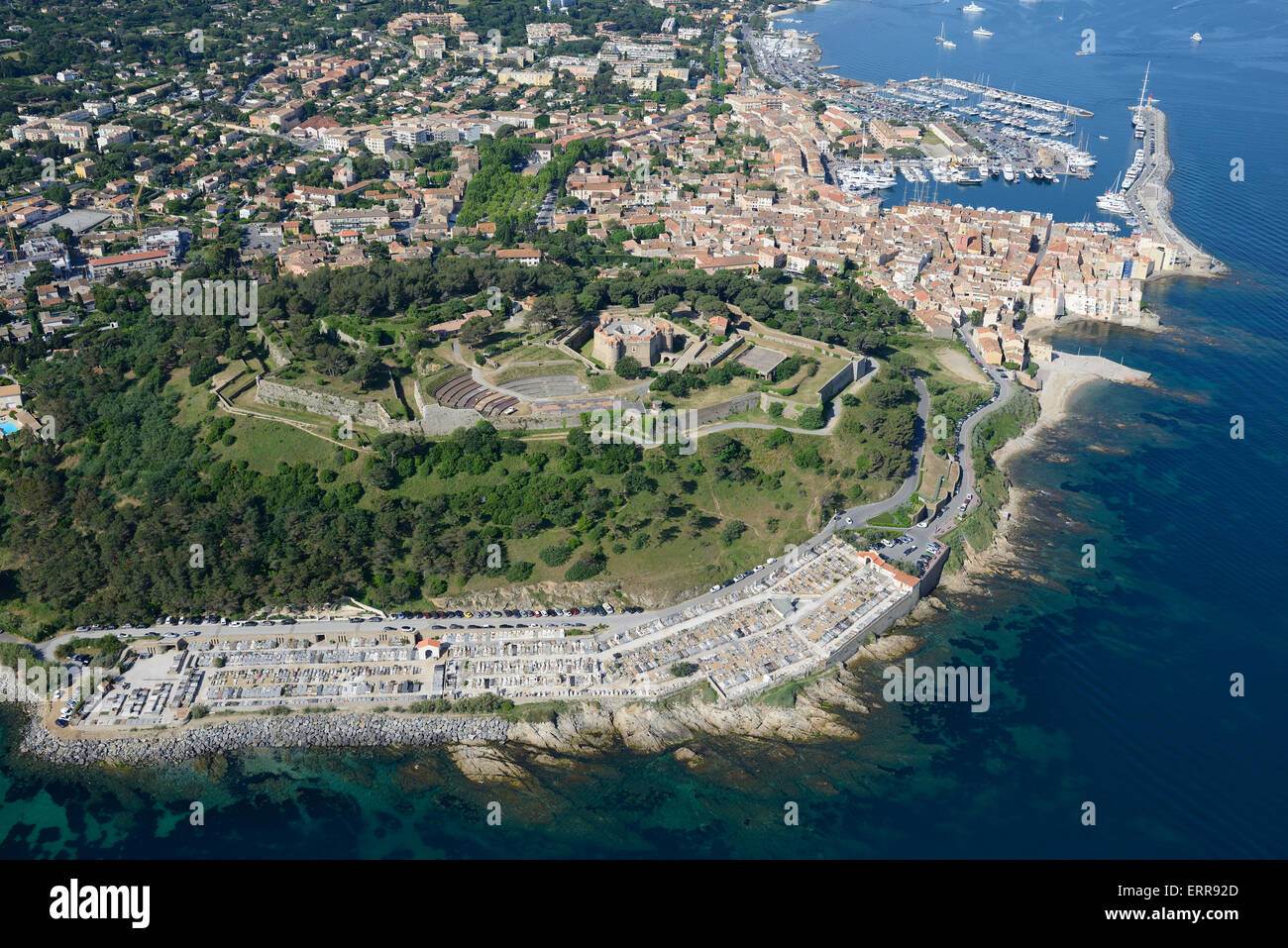 AERIAL VIEW. Historic 17th-century fortress overlooking the famed village of Saint-Tropez. Var, French Riviera, Provence, France. Stock Photo