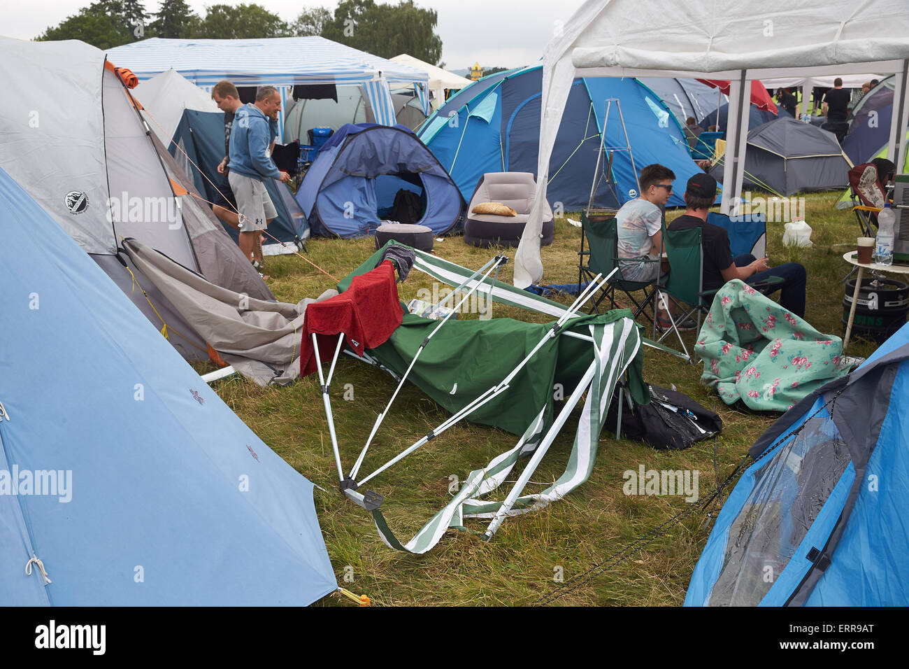 Mendig, Germany. 06th June, 2015. Destroyed tents seen at the at the 'Rock  am Ring' music festival in Mendig, Germany, 06 June 2015. Numerous visitors  were injured after a storm with lightening.