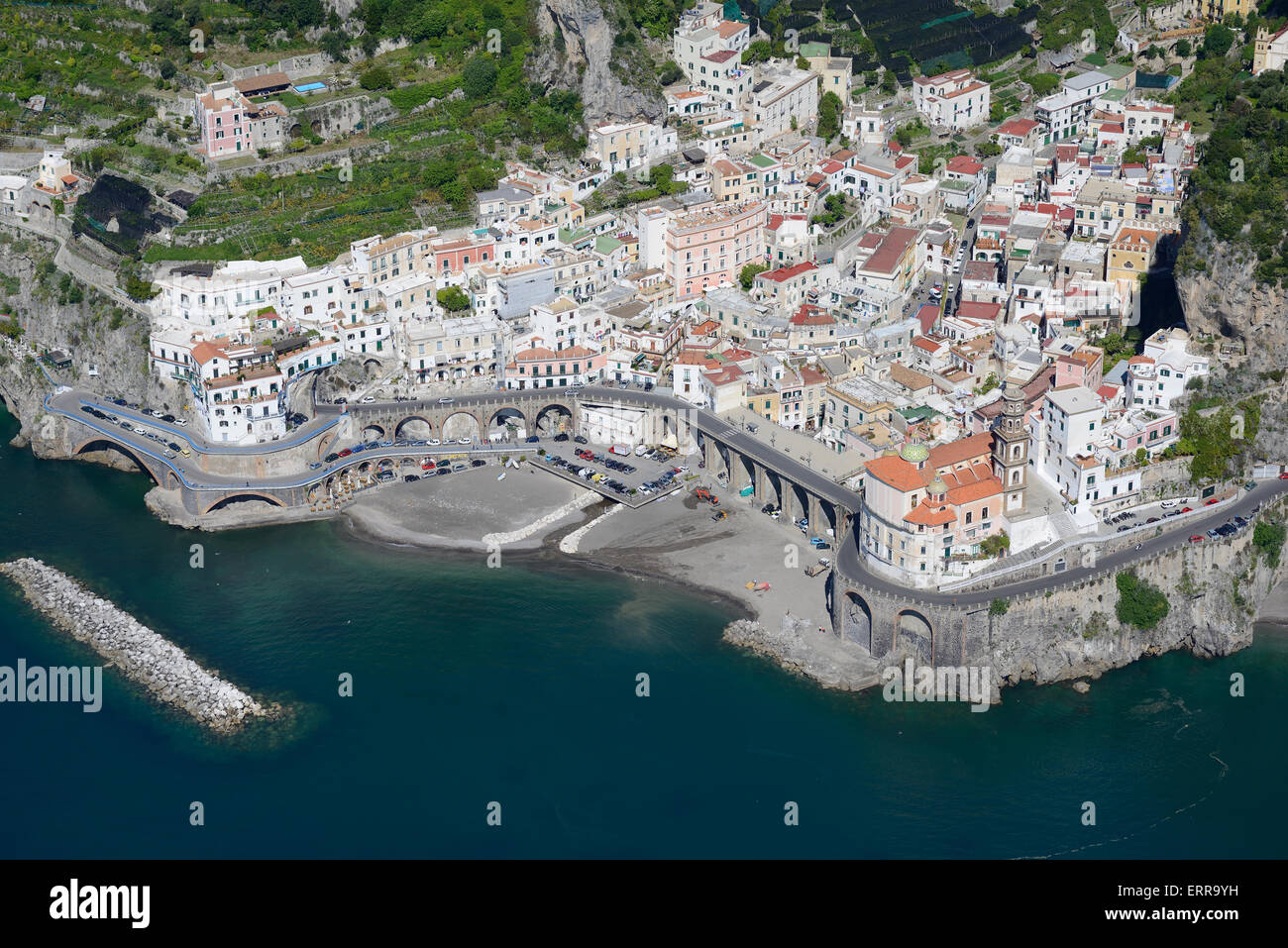 AERIAL VIEW.  Village of Atrani. Amalfi Coast, Province of Salerno, Campania, Italy. Stock Photo