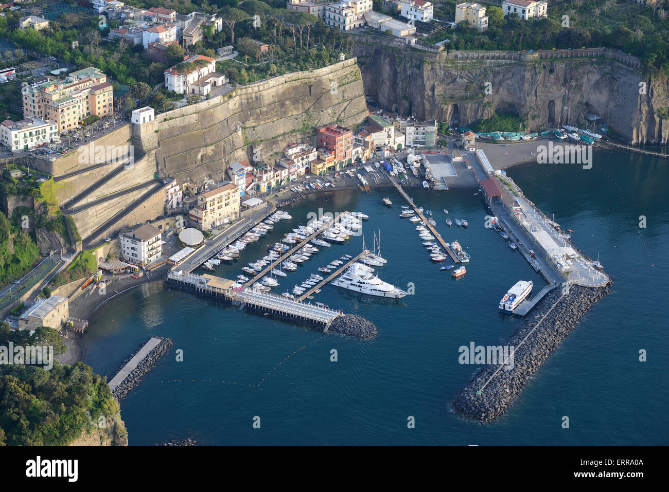 AERIAL VIEW. Marina of Piano di Sorrento. Sorrentine Peninsula, Metropolitan City of Naples, Campania, Italy. Stock Photo