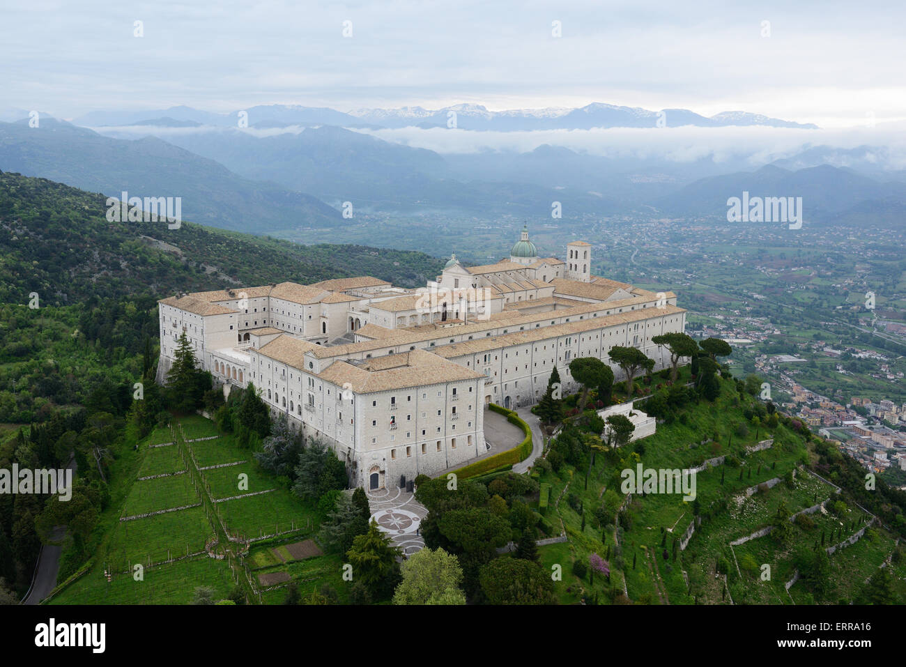 AERIAL VIEW. Montecassino Abbey. Cassino, Province of Frosinone, Lazio, Italy. Stock Photo